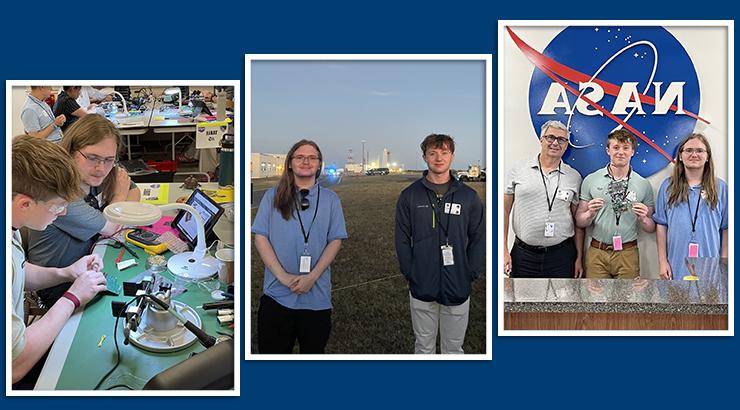 三张图片的拼贴图：在左边, Brent Mitchell stands with students Austin Harp and Logan Black in front of the NASA sign; in the middle, Harp and Black stand facing the camera in the foreground with the rocket launch in the background; on the right, Harp和Black坐在一张桌子旁，桌上放着一些电子工程工具，比如电路板和万用表